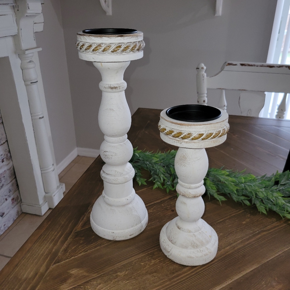 Wood Candle Holders White Pair NWOT